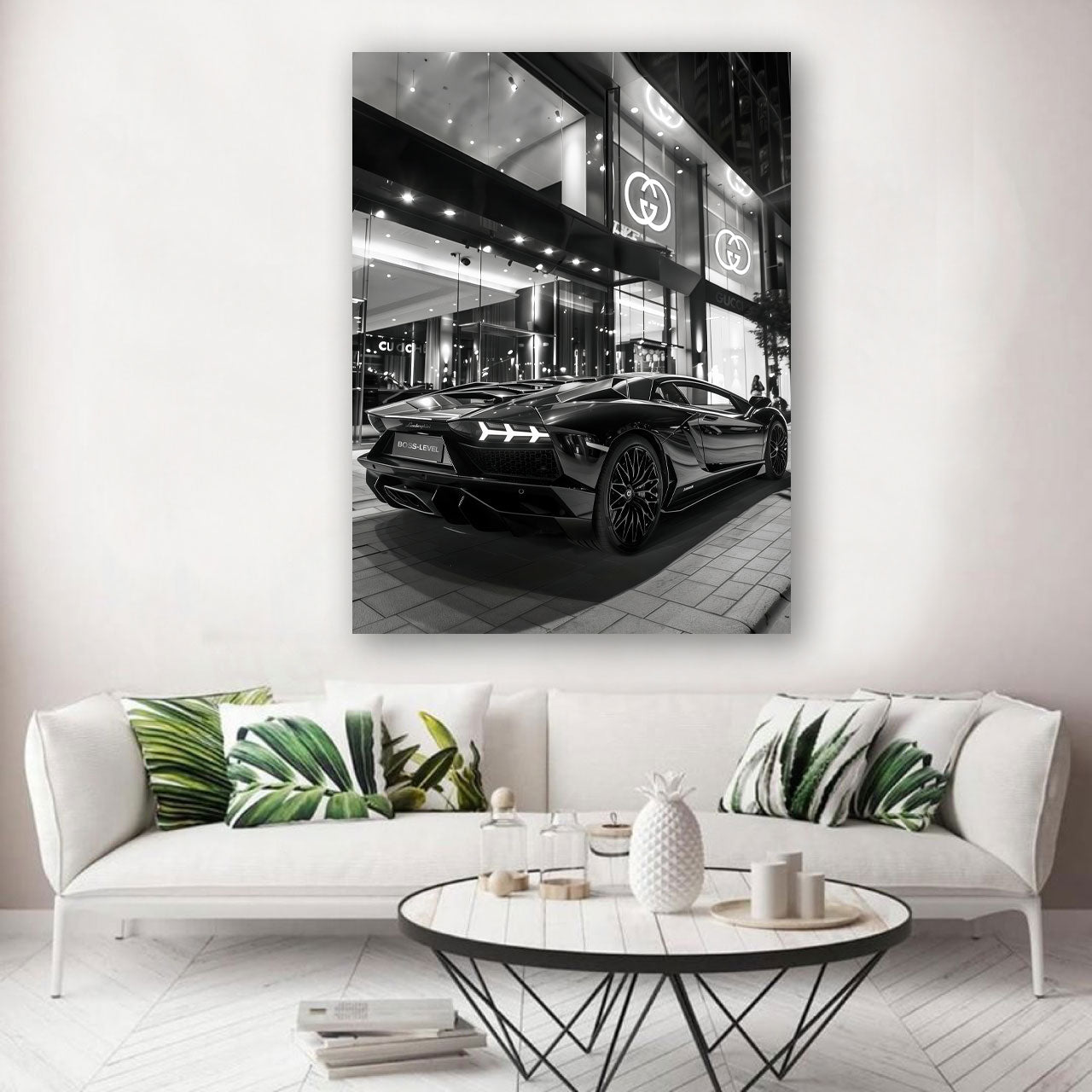 Lamborghini Sportwagen schwarz weiß Gucci Store Wandbild