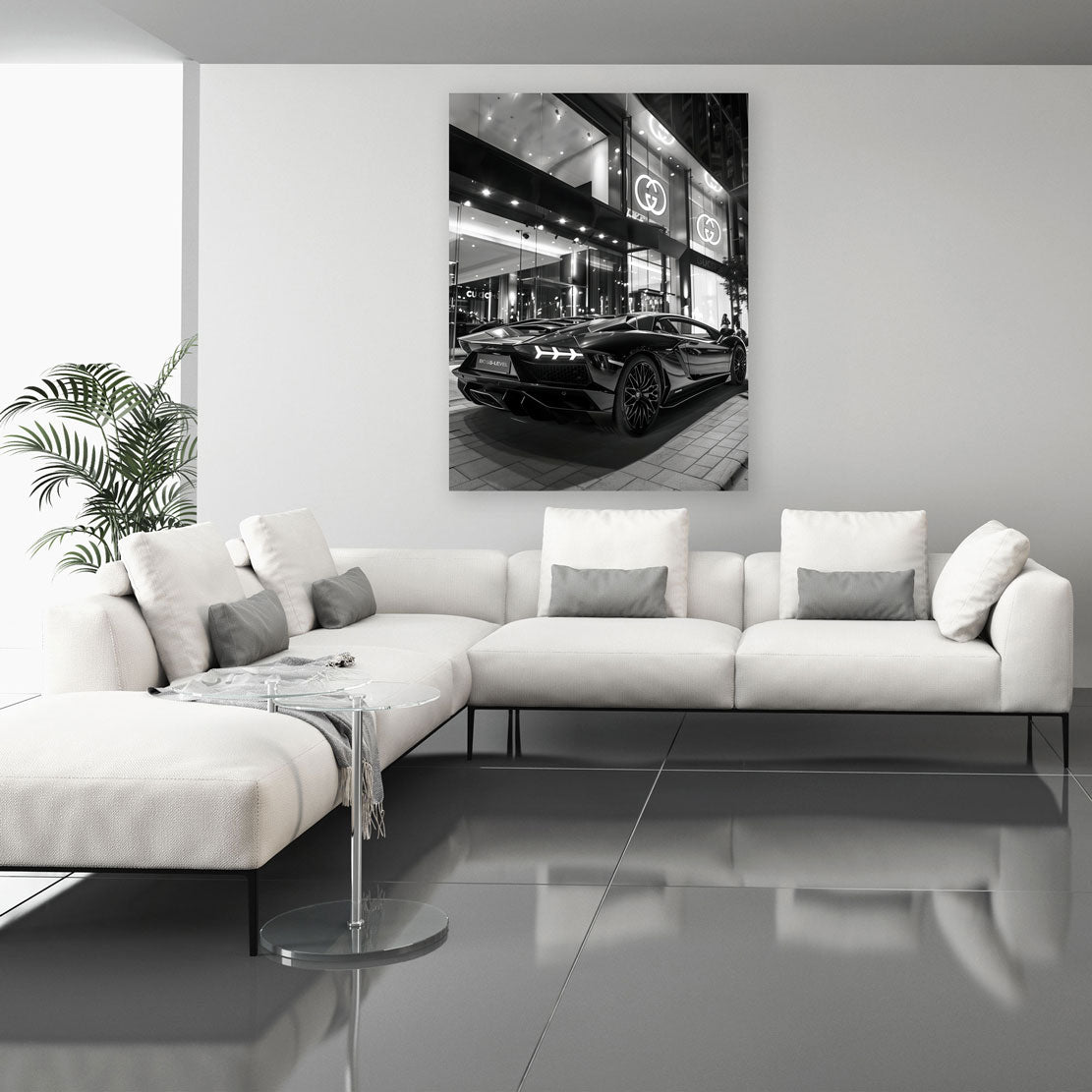 Lamborghini Sportwagen schwarz weiß Gucci Store Wandbild