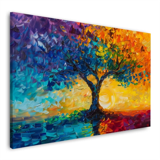 Lebensbaum in Blau und Orange expressiv Wandbild im Querformat