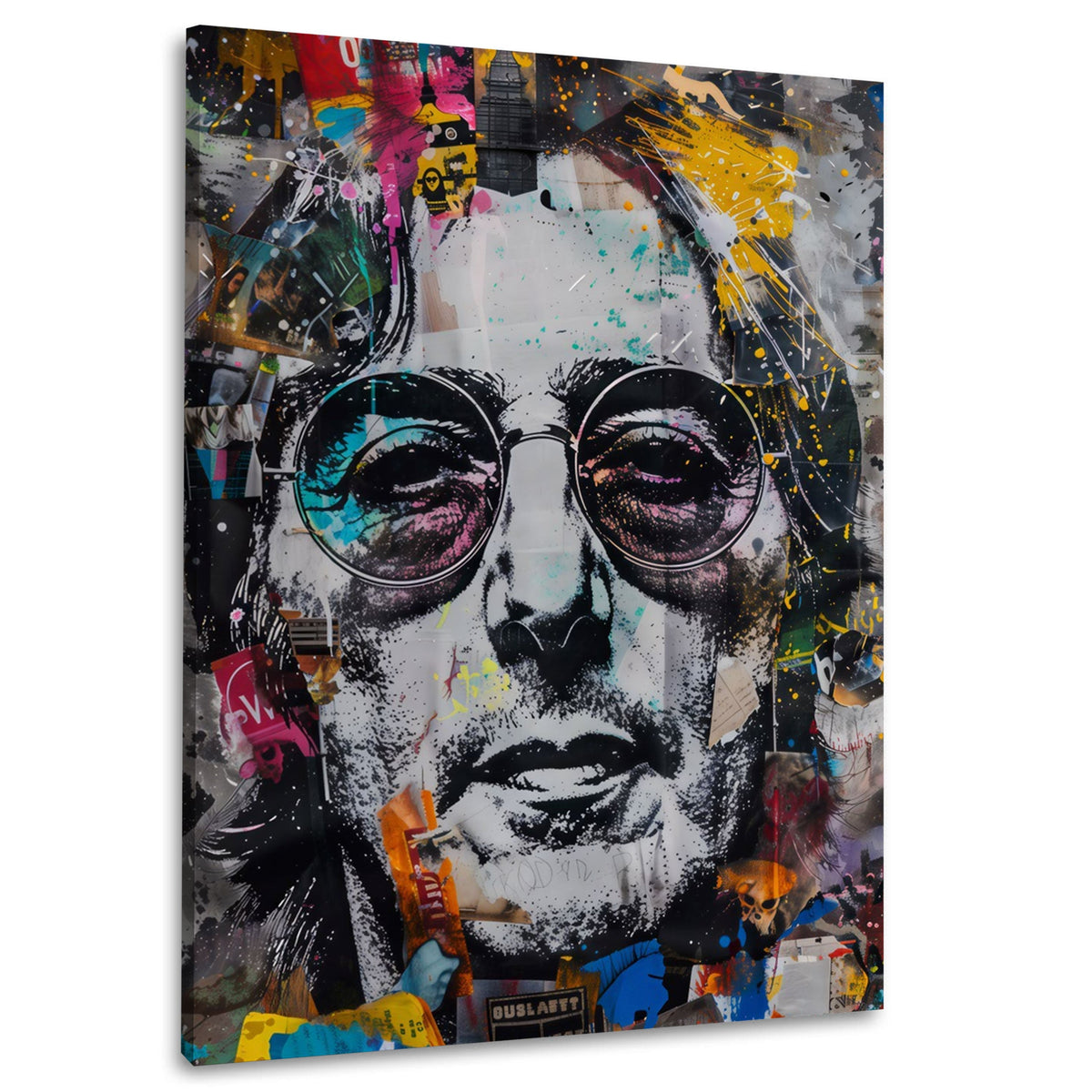 Lennon mit runder Brille als Street Art Wandbild im Hochformat
