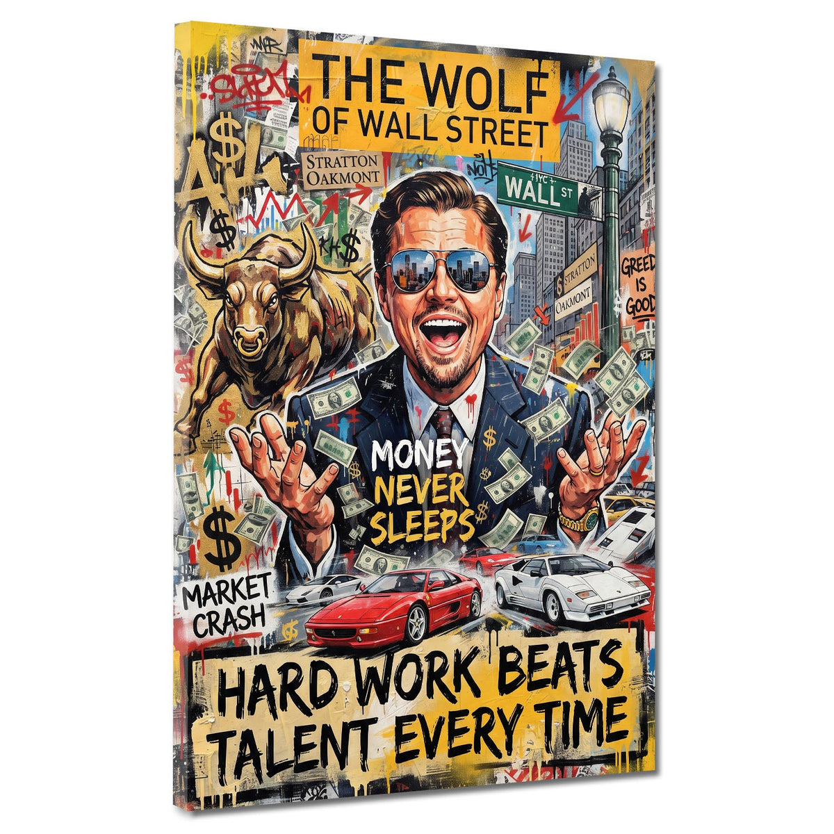 Leo Wall Street Money Never Sleeps Pop Art Wandbild mit Bulle und Geldregen