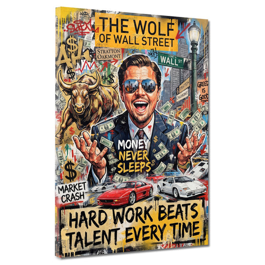 Leo Wall Street Money Never Sleeps Pop Art Wandbild mit Bulle und Geldregen