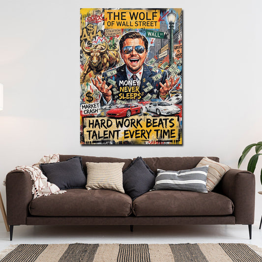 Leo Wall Street Money Never Sleeps Wandbild im Wohnzimmer