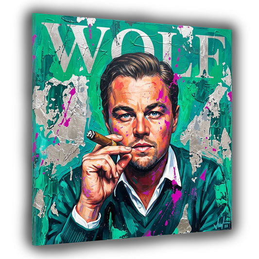 Leo Wolf Porträt in Grün mit Zigarre Pop Art Street Art Wandbild