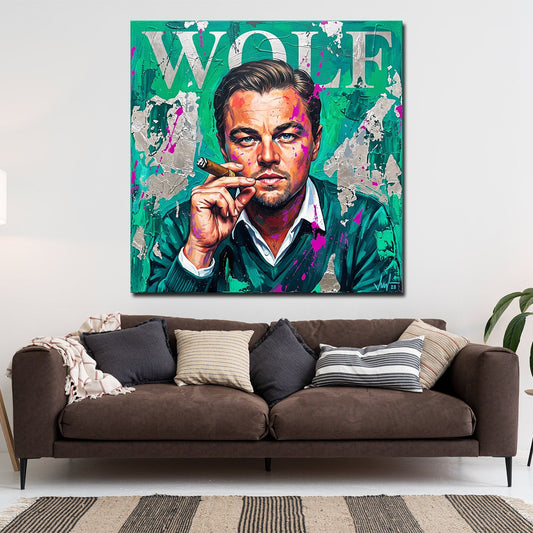 Leo Wolf Porträt Grün Pop Art Wandbild im Wohnzimmer