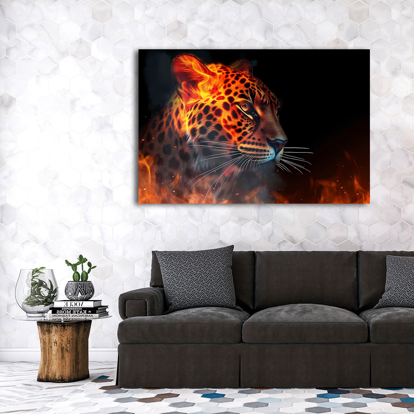Leopard Feuer Wildkatze Porträt Flammen Wandbild