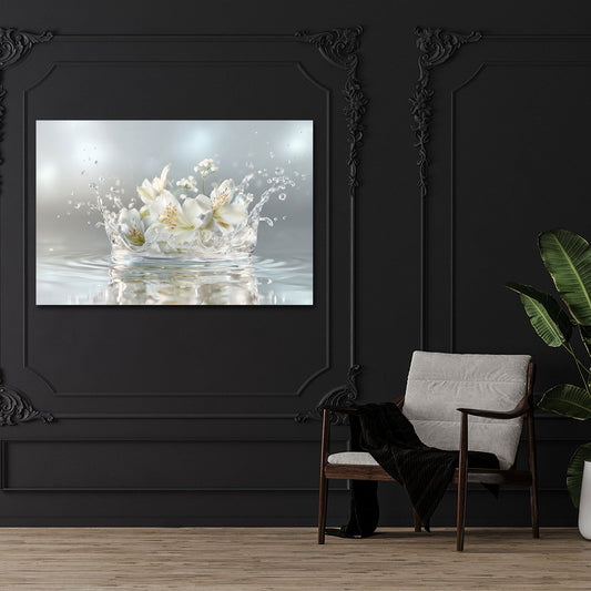 Lilien im Wasser mit eleganten Spritzern Wandbild