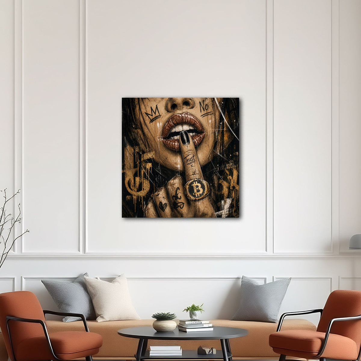 Lippen mit Bitcoin Symbol in Gold Street Art Wandbild
