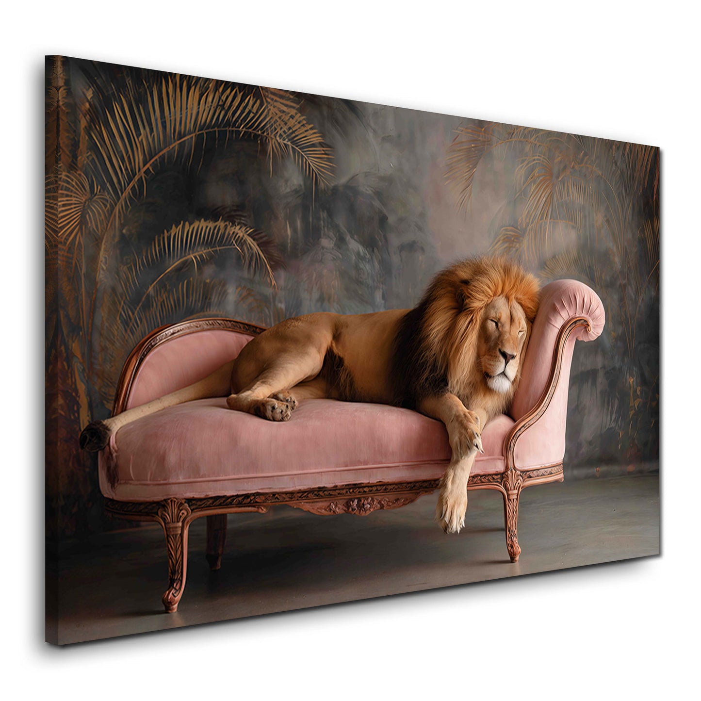 Löwe auf Rosa Samt Sofa Schlafend Eleganz Wandbild