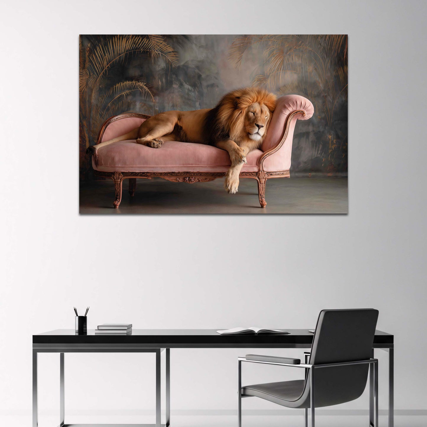 Löwe auf Rosa Samt Sofa Schlafend Eleganz Wandbild