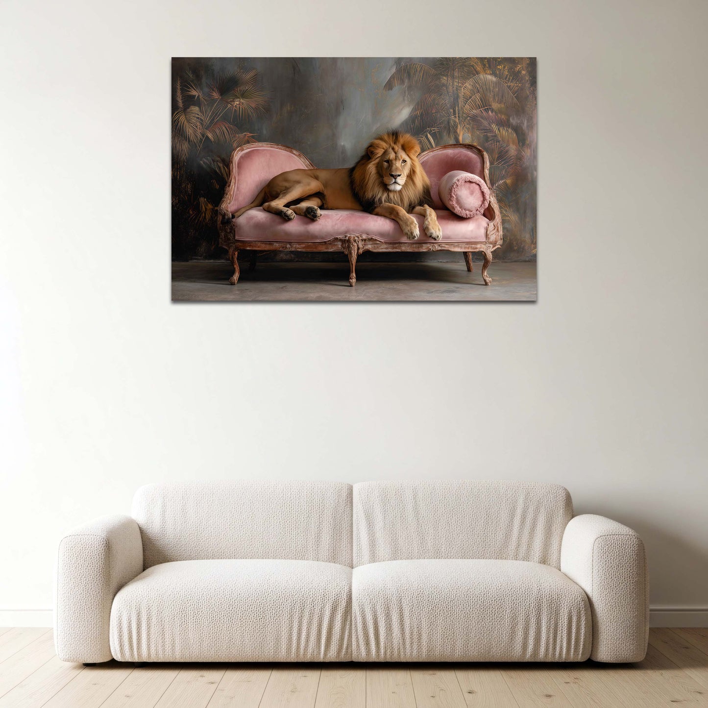 Löwe auf Sofa im eleganten Wohnzimmer Tier Portrait Wandbild