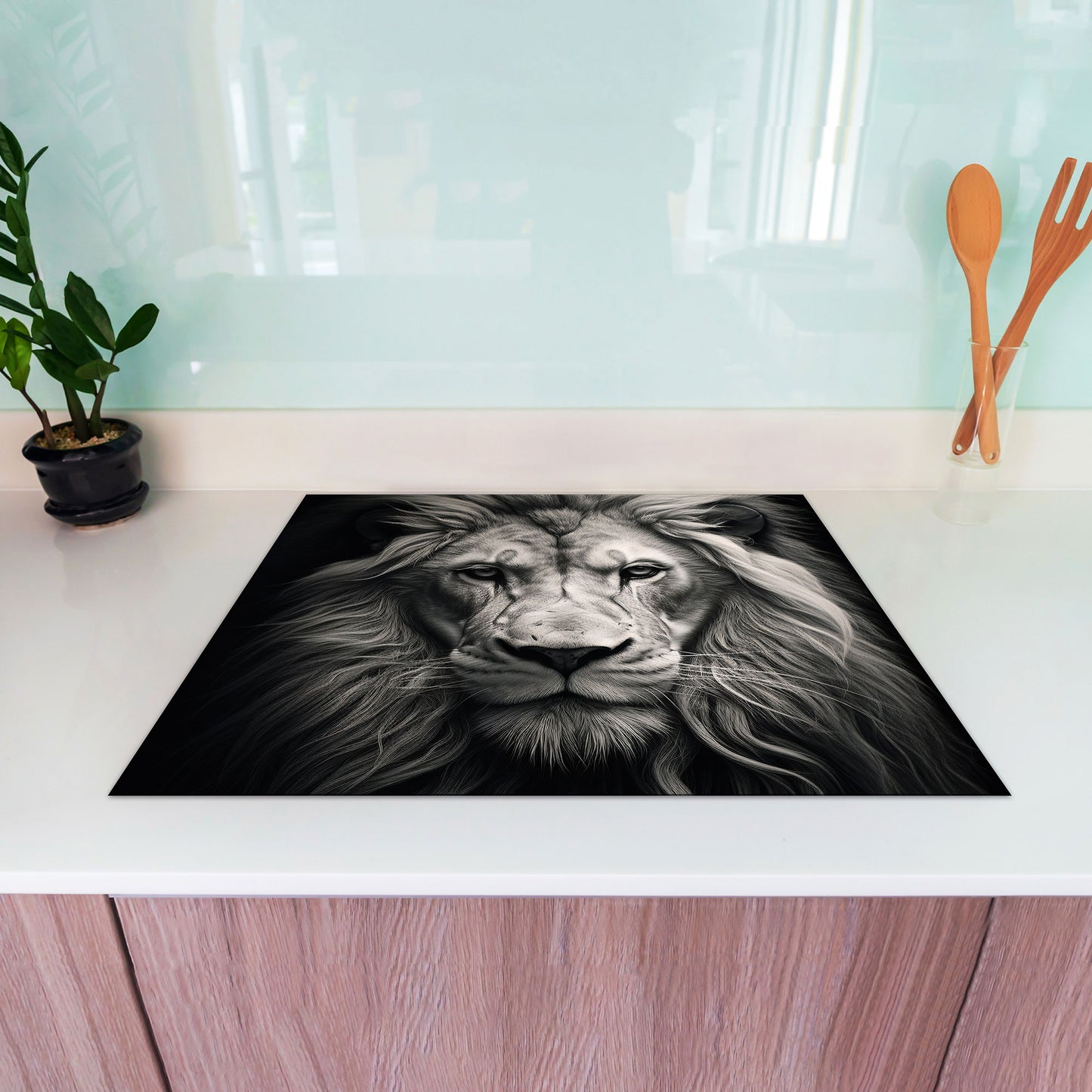 Löwe frontal Black Style Herdabdeckplatte Induktionsschutz für Ceranfeld & Küche Deko