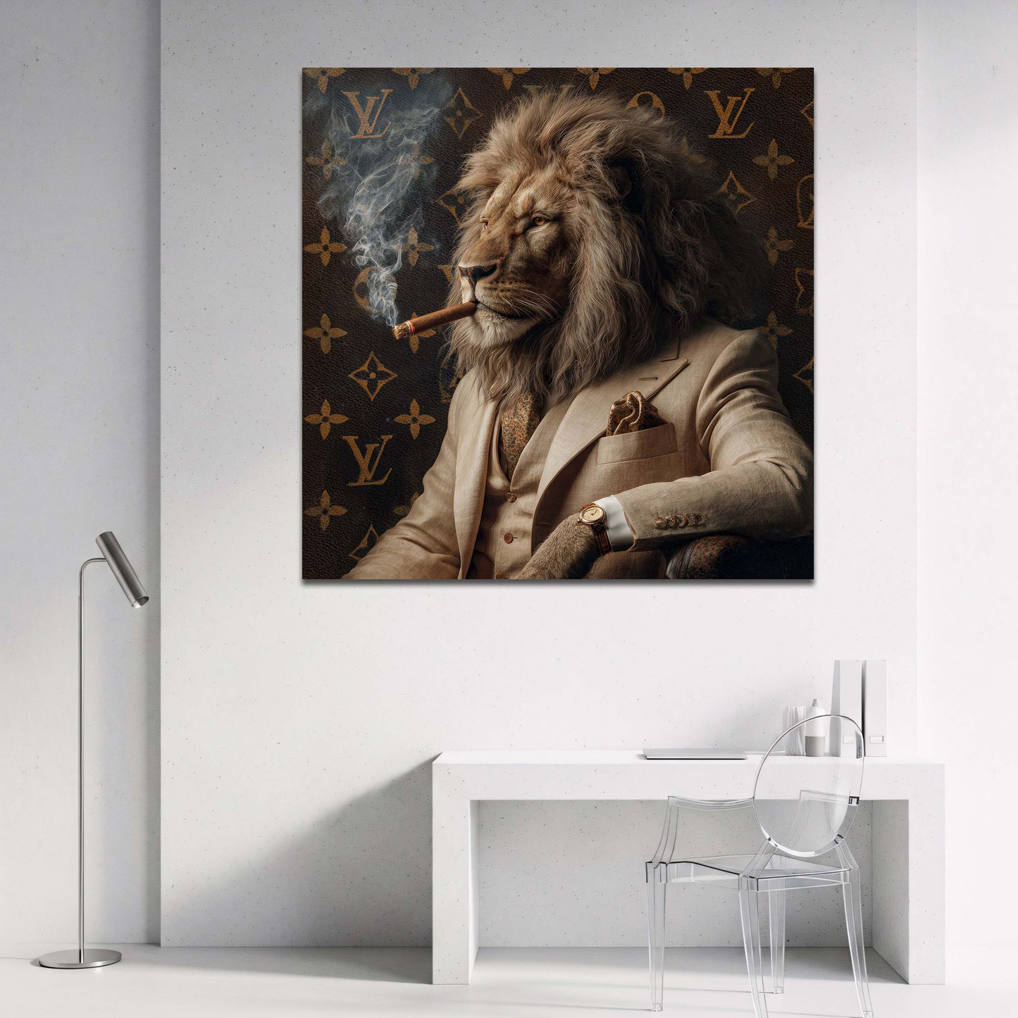 Loewe im Luxusanzug mit Zigarre und Uhr Portraet Wandbild