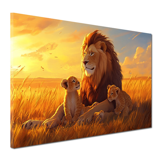 Löwe Sonnenuntergang Savanne Familie Wandbild