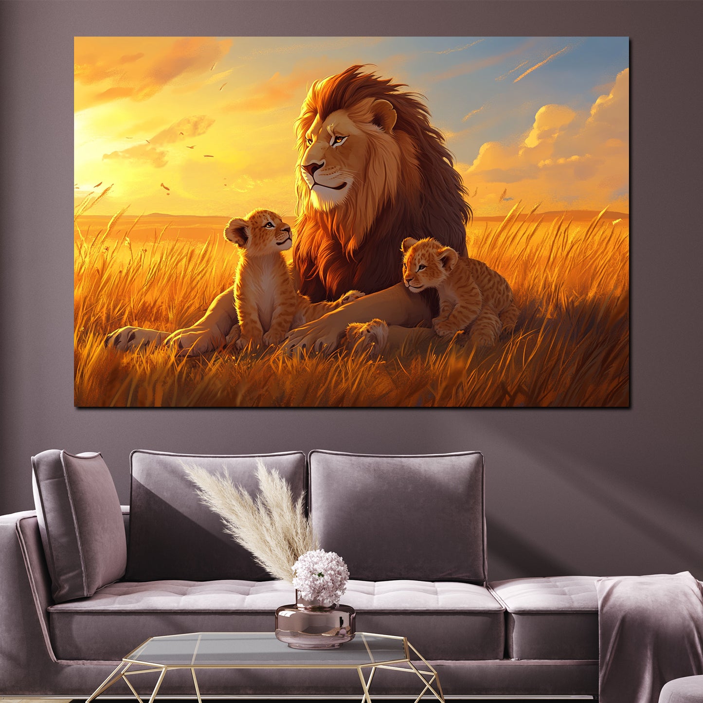 Löwe Sonnenuntergang Savanne Familie Wandbild
