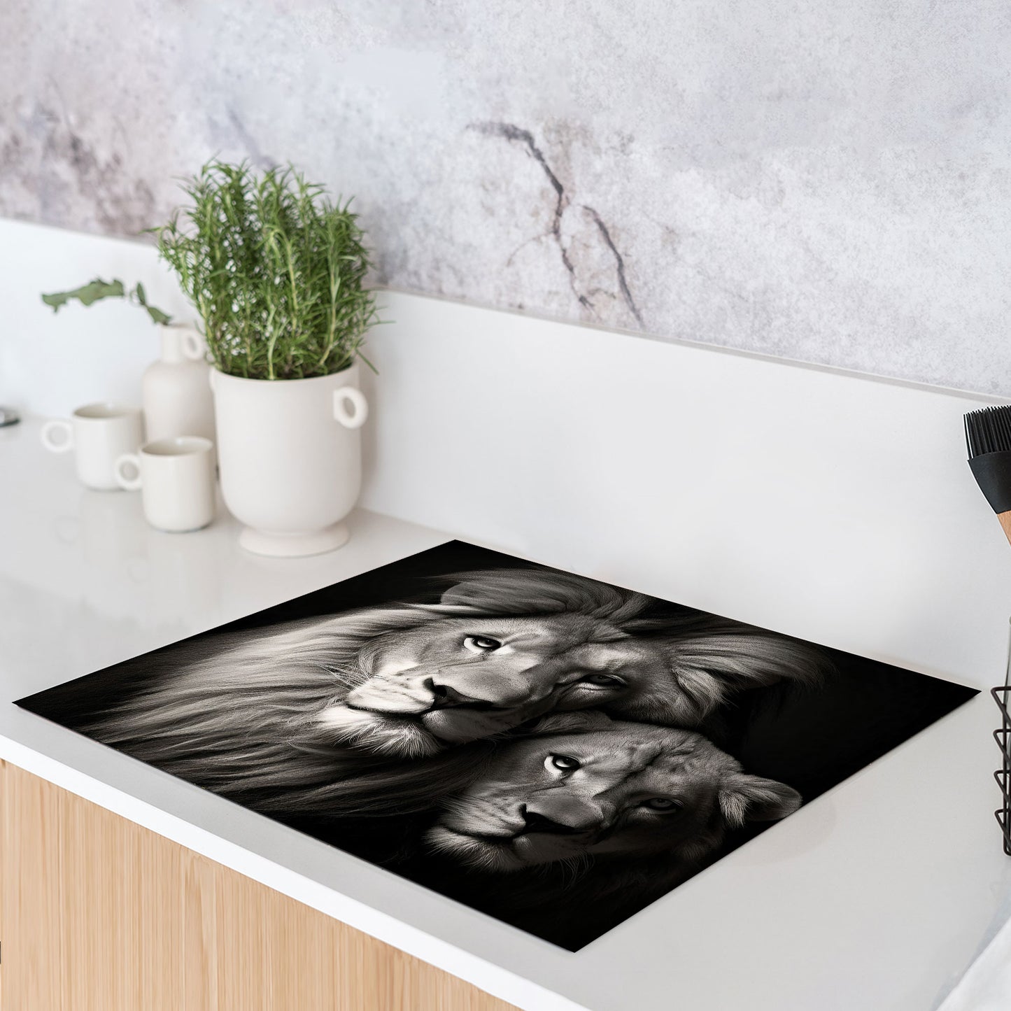 Löwenpaar schwarz weiß Herdabdeckplatte Induktionsschutz für Ceranfeld & Küche Deko