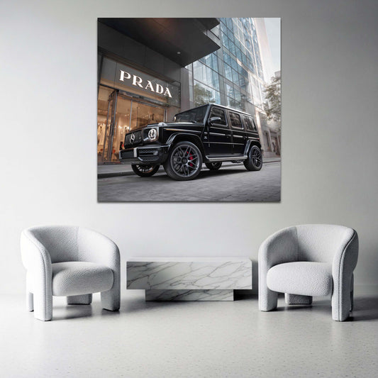 Luxus Auto G-Klasse vor Fashion Store in moderner Stadt Wandbild