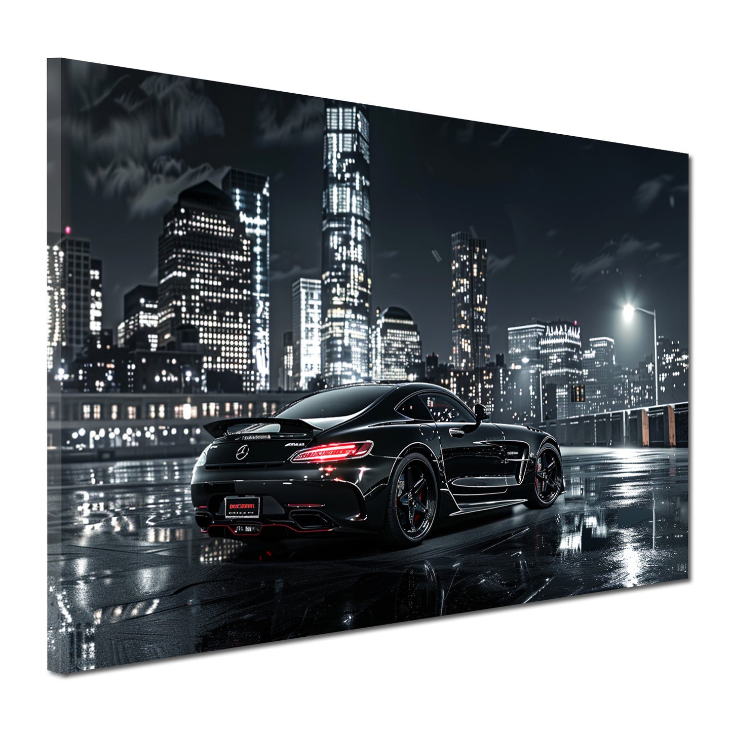 Luxus Sportwagen Rückansicht Großstadt bei Nacht Wandbild