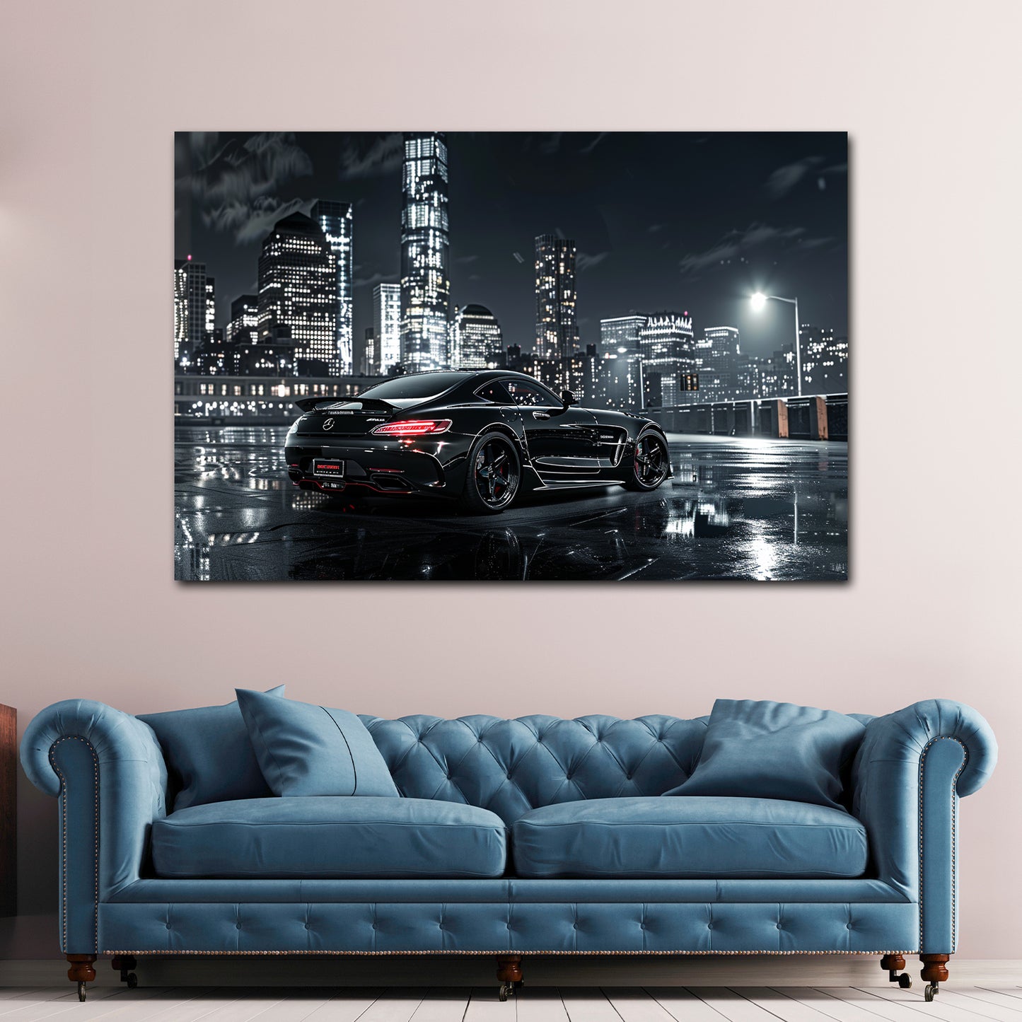 Luxus Sportwagen Rückansicht Großstadt bei Nacht Wandbild