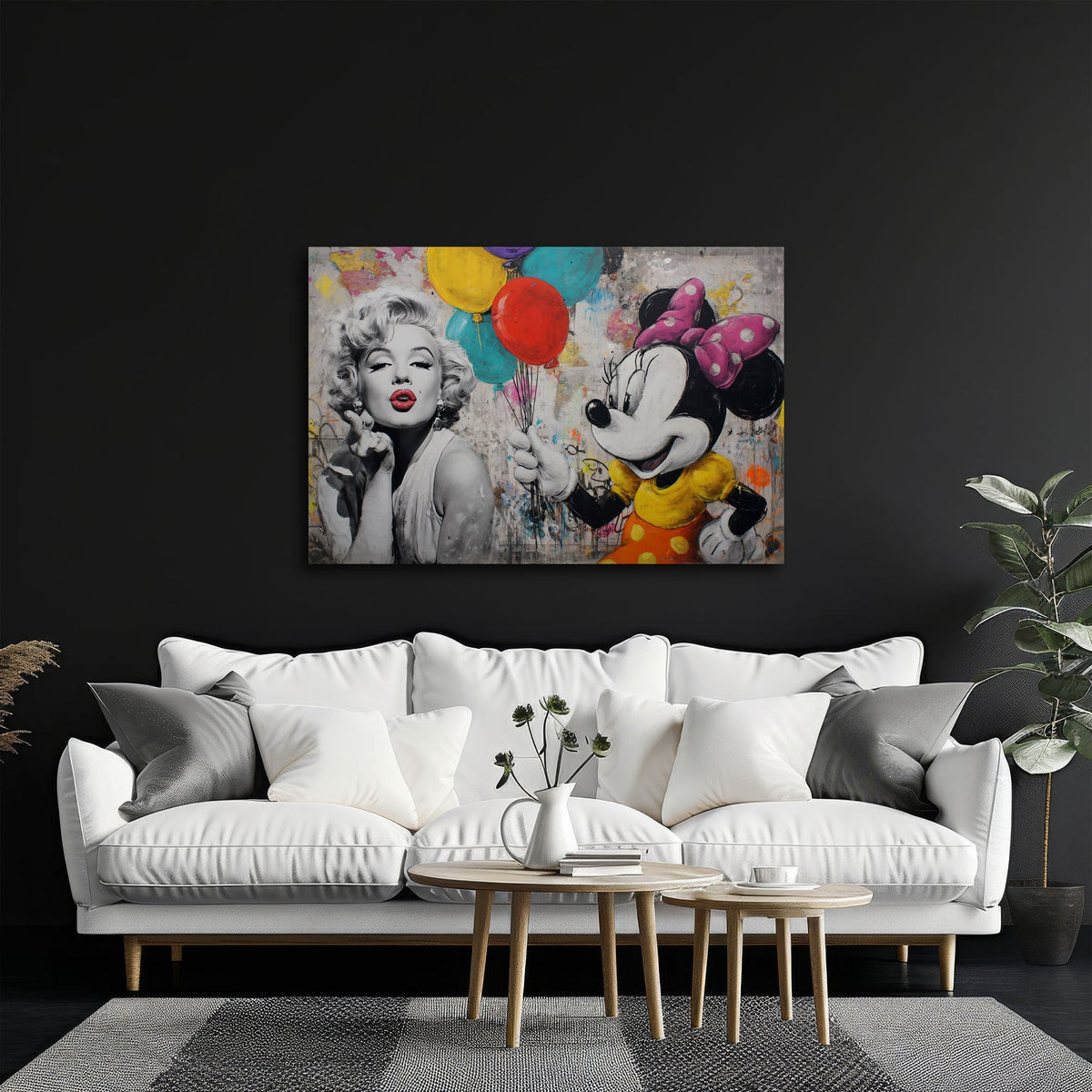 Marilyn in Schwarz-Weiß mit Minnie und Ballons Wandbild