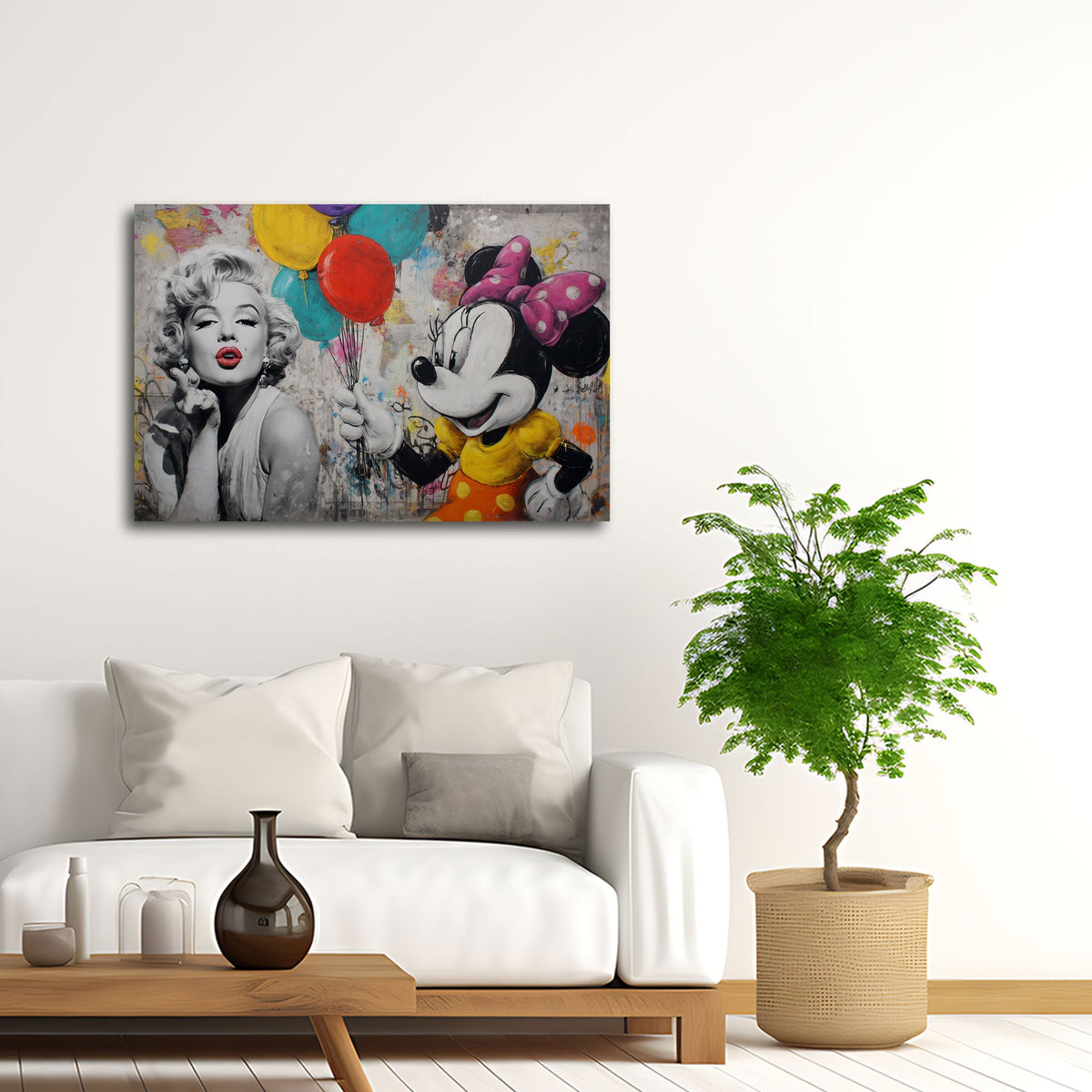 Marilyn in Schwarz-Weiß mit Minnie und Ballons Wandbild