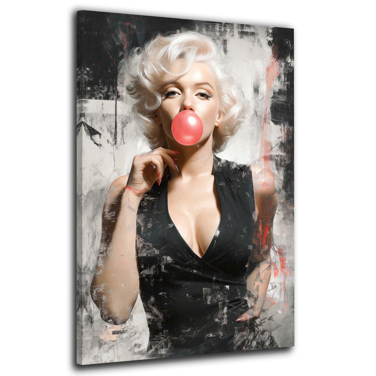 Marilyn Monroe mit Kaugummiblase und roten Akzenten Wandbild