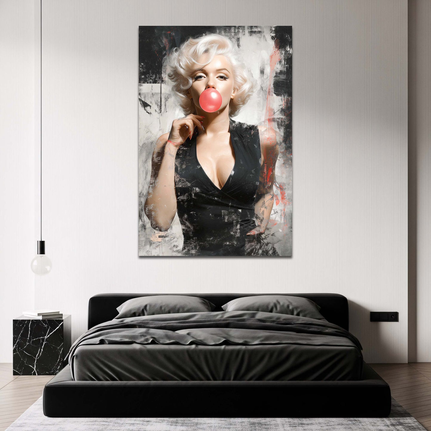 Marilyn Monroe mit Kaugummiblase und roten Akzenten Wandbild