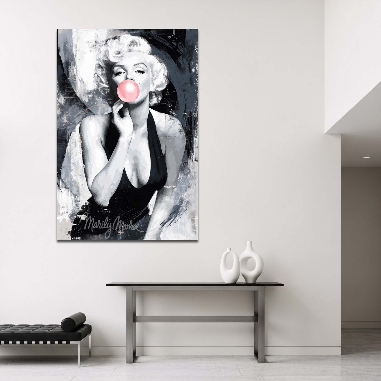 Marilyn Monroe mit pinker Kaugummiblase Grunge Stil Wandbild