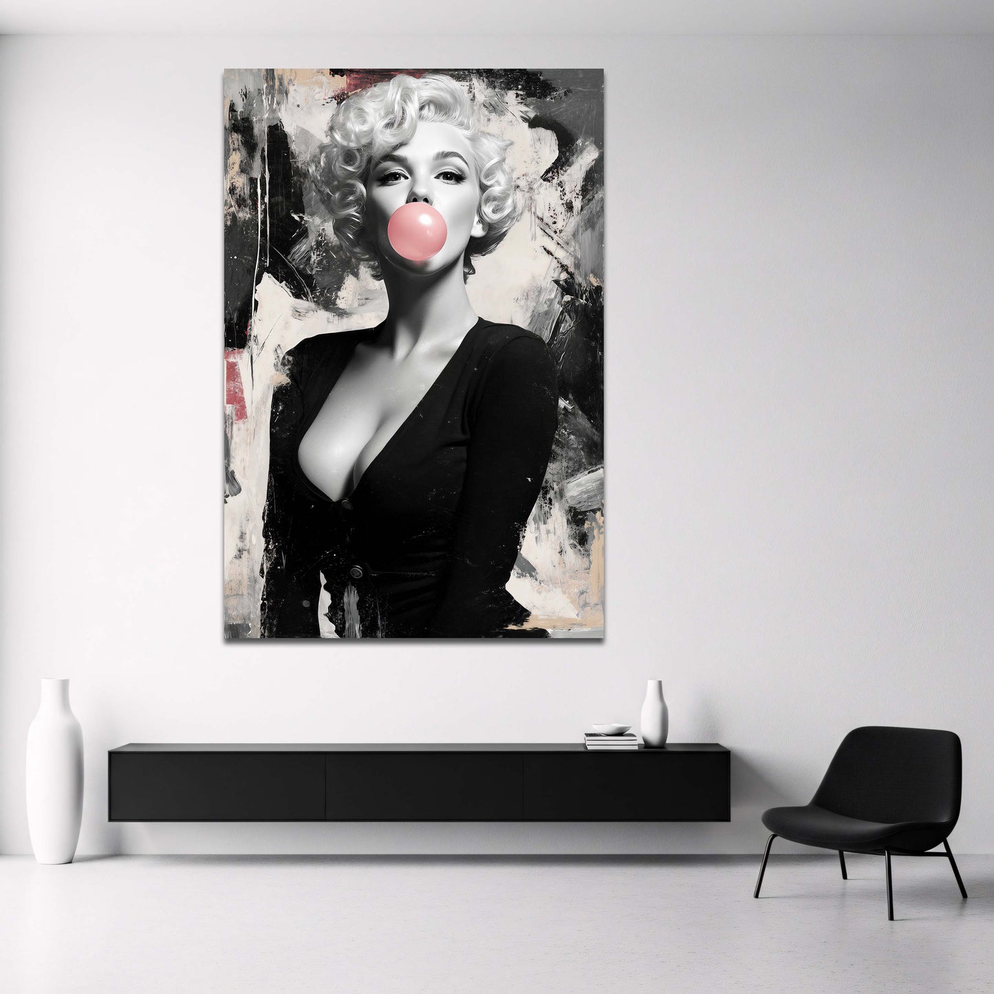 Marilyn Monroe pinke Blase auf abstraktem Grunge Wandbild