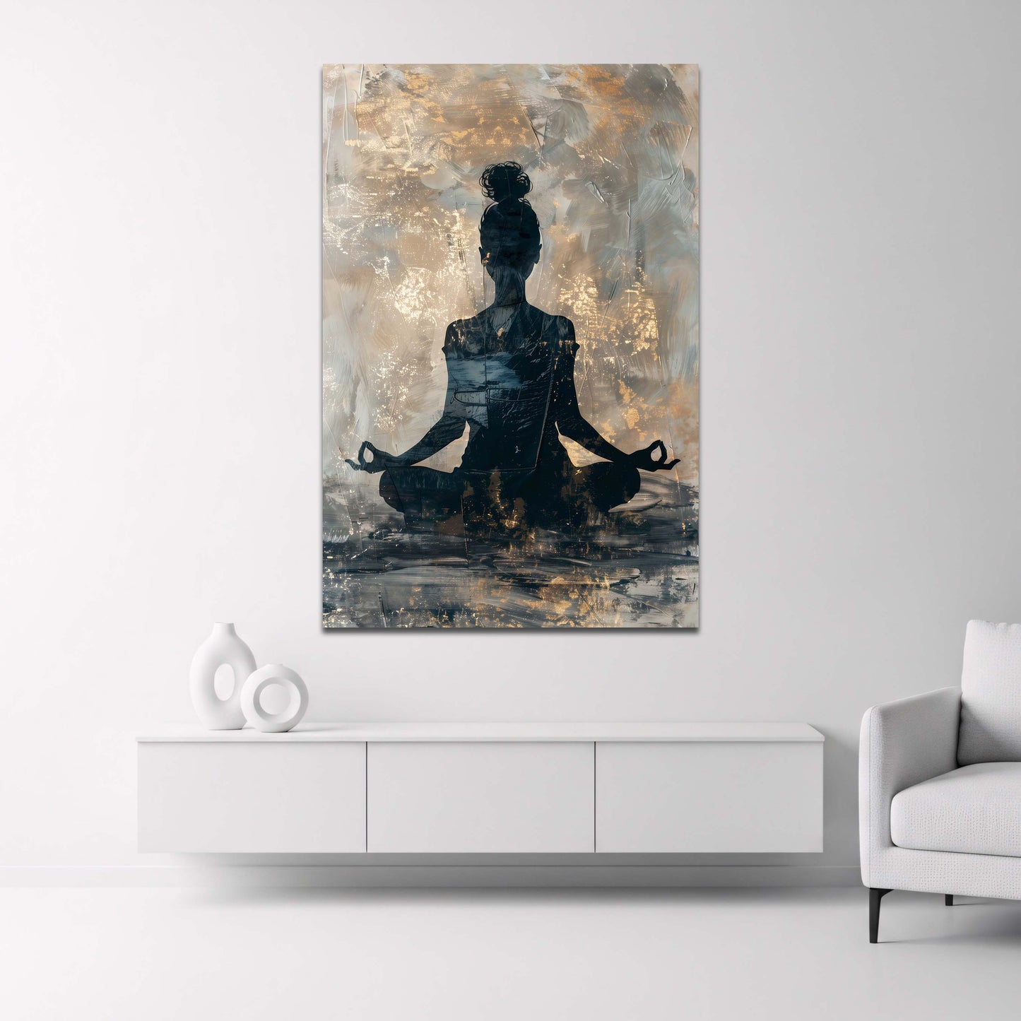 Meditierende Silhouette im Lotussitz goldener Stil Wandbild