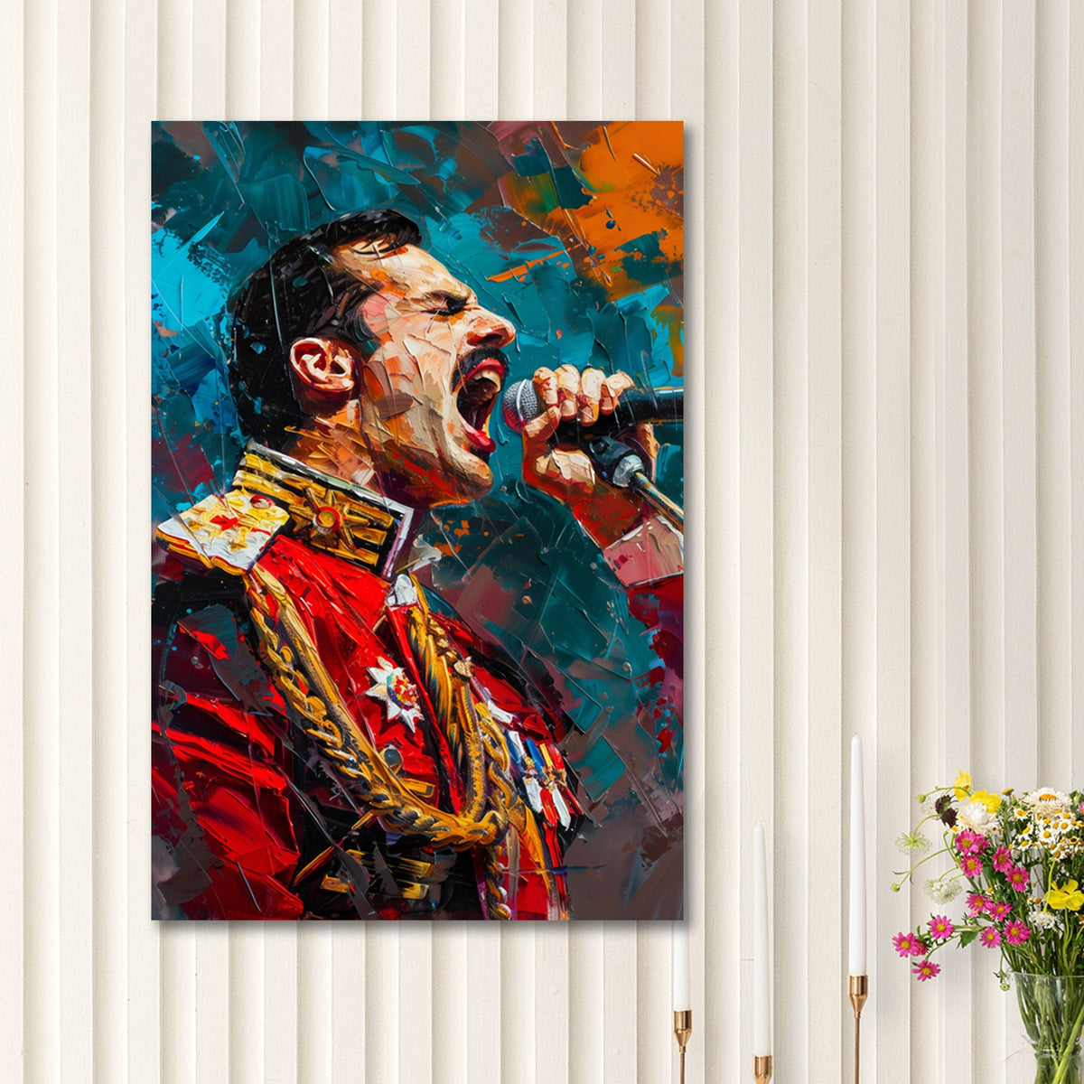 Mercury Musiker Porträt beim Singen auf der Bühne Wandbild Wohnbeispiel