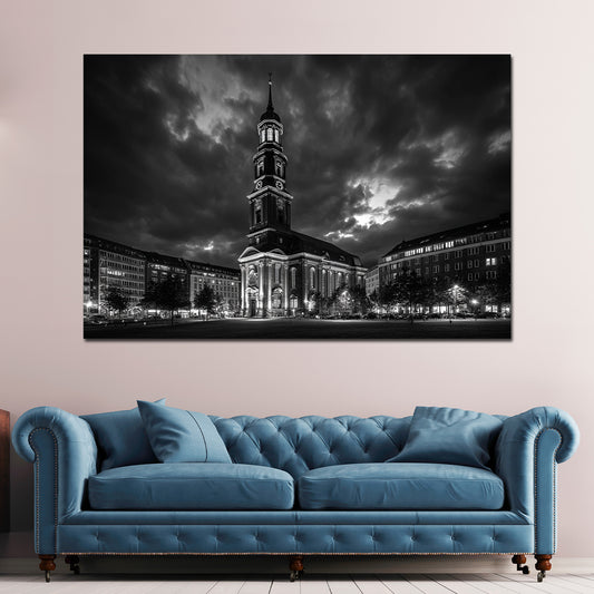 Michel Hamburg schwarz weiß Barockkirche bei Nacht Wandbild