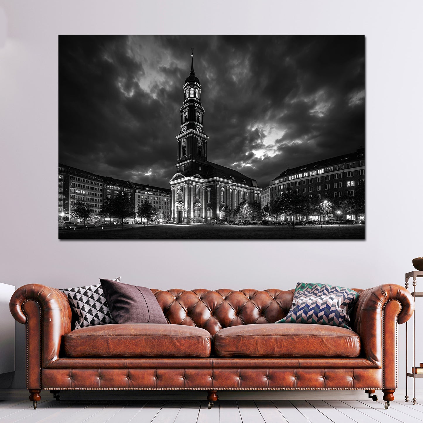 Michel Hamburg schwarz weiß Barockkirche bei Nacht Wandbild