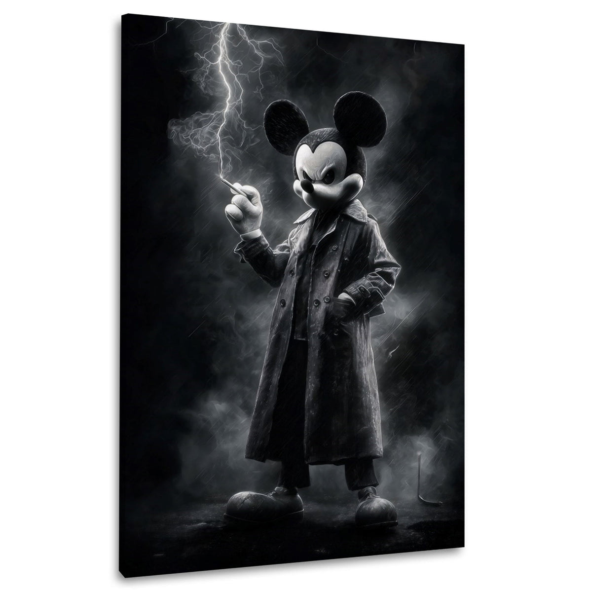 Mickey im Mantel bei Gewitter in Schwarz-Weiß Wandbild