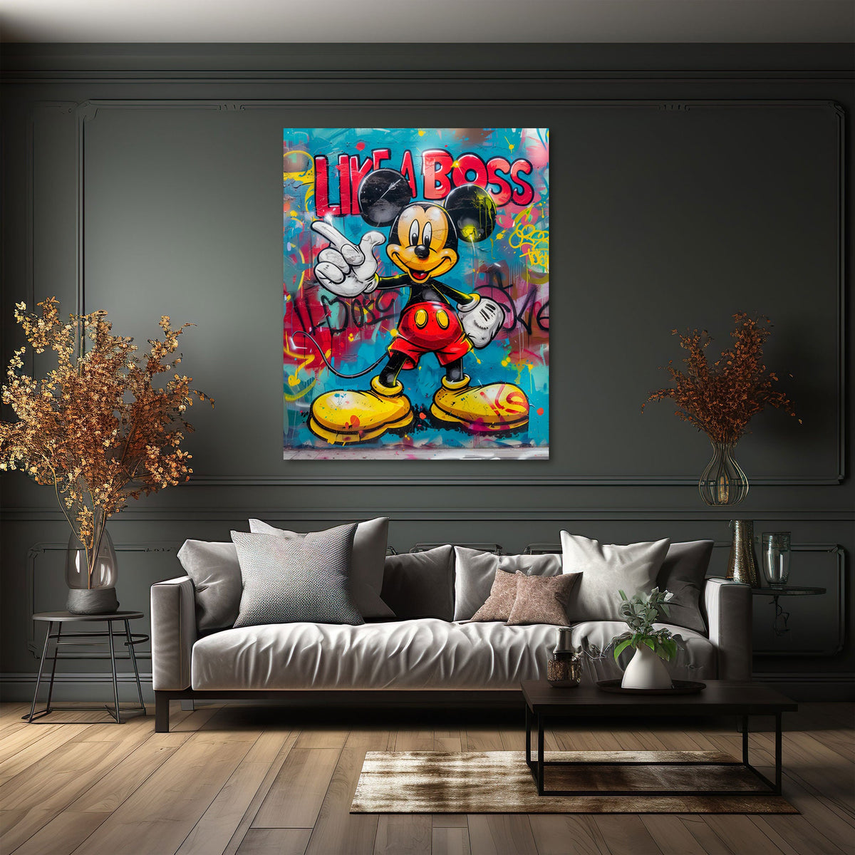 Mickey mit Like a Boss Schriftzug im Graffiti Stil Wandbild