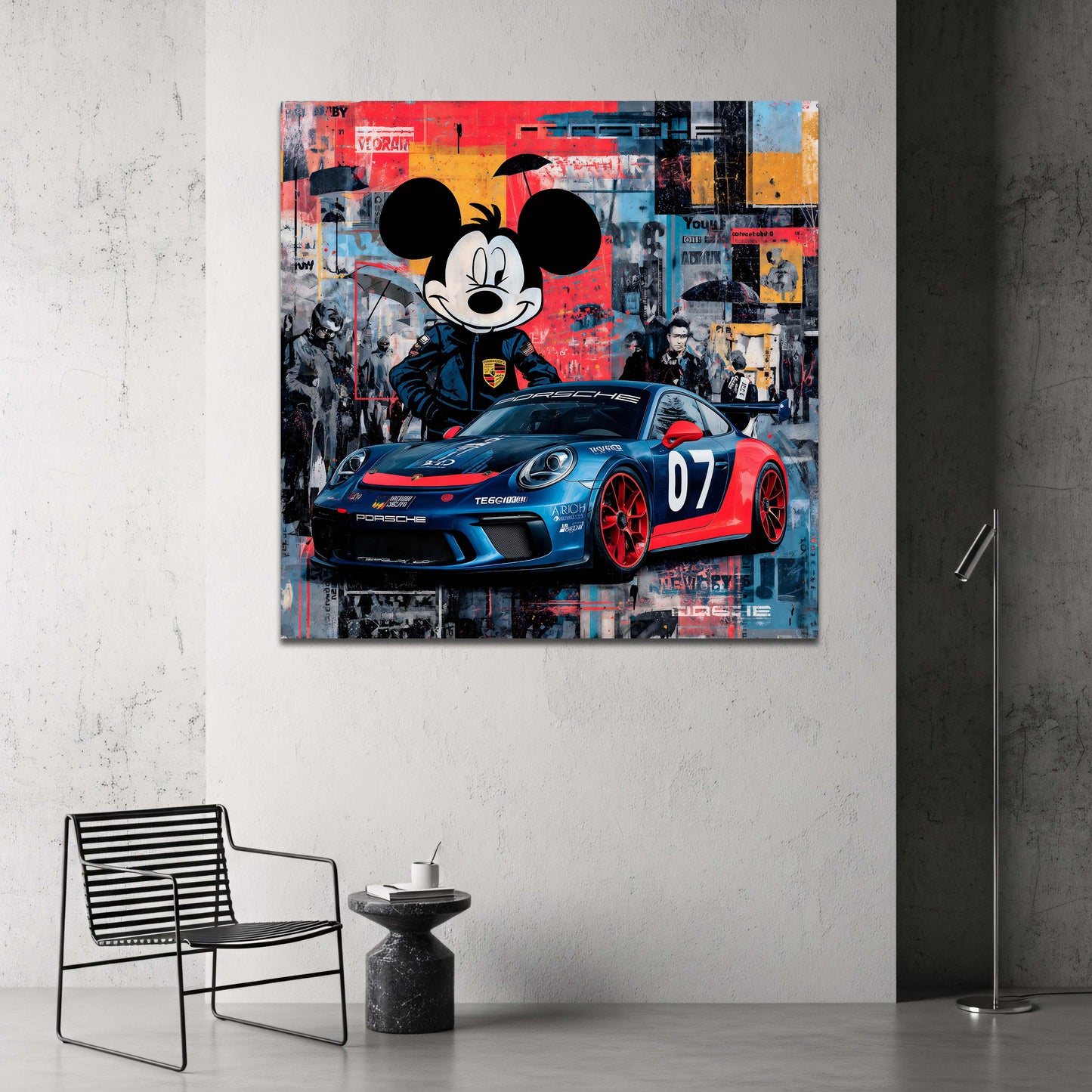 Mickey Mouse als Fahrer vor Porsche Racing Car Wandbild