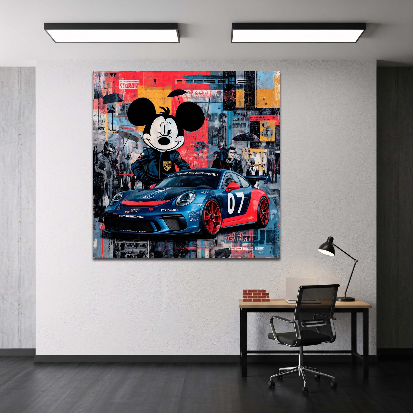 Mickey Mouse als Fahrer vor Porsche Racing Car Wandbild