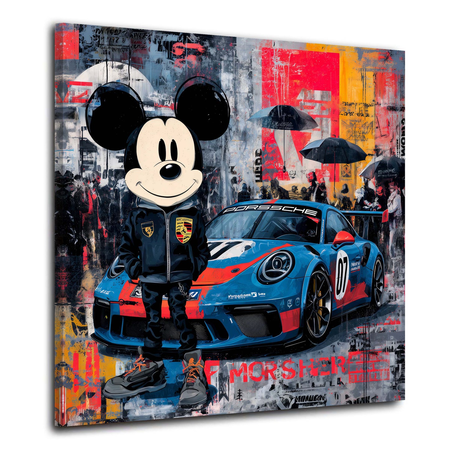 Mickey Mouse mit Porsche Rennauto Pop Art Graffiti Wandbild