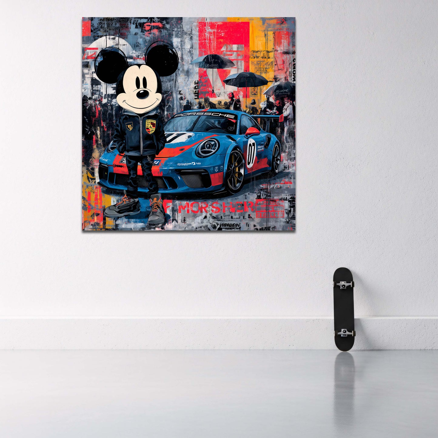 Mickey Mouse mit Porsche Rennauto Pop Art Graffiti Wandbild