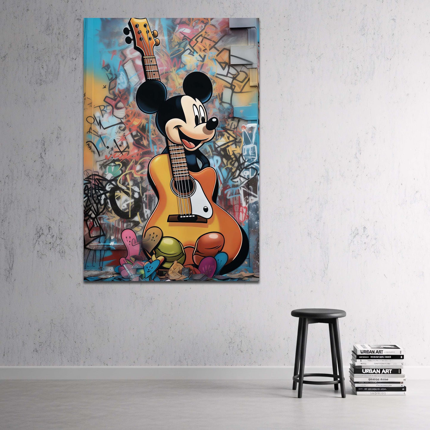 Micky Maus mit Gitarre auf bunter Graffiti Wand Wandbild