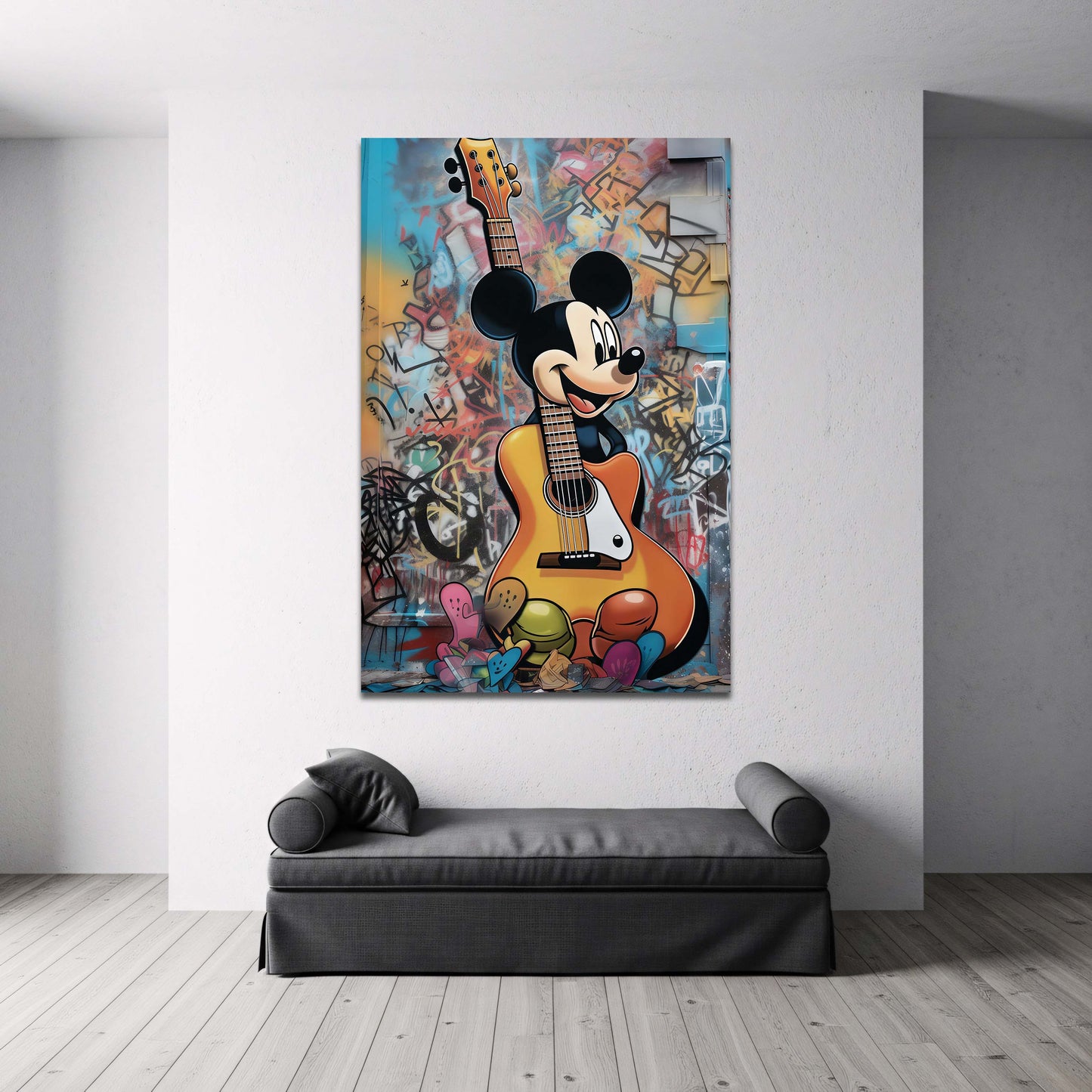 Micky Maus mit Gitarre auf bunter Graffiti Wand Wandbild