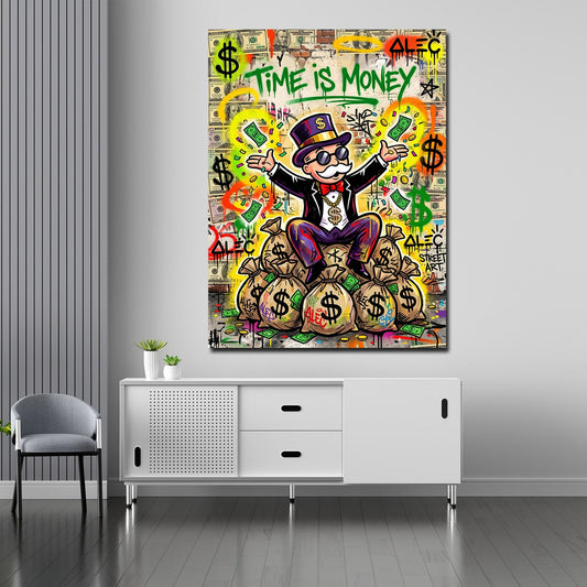 Millionär auf Geldsäcken Time is Money Wandbild im Wohnzimmer