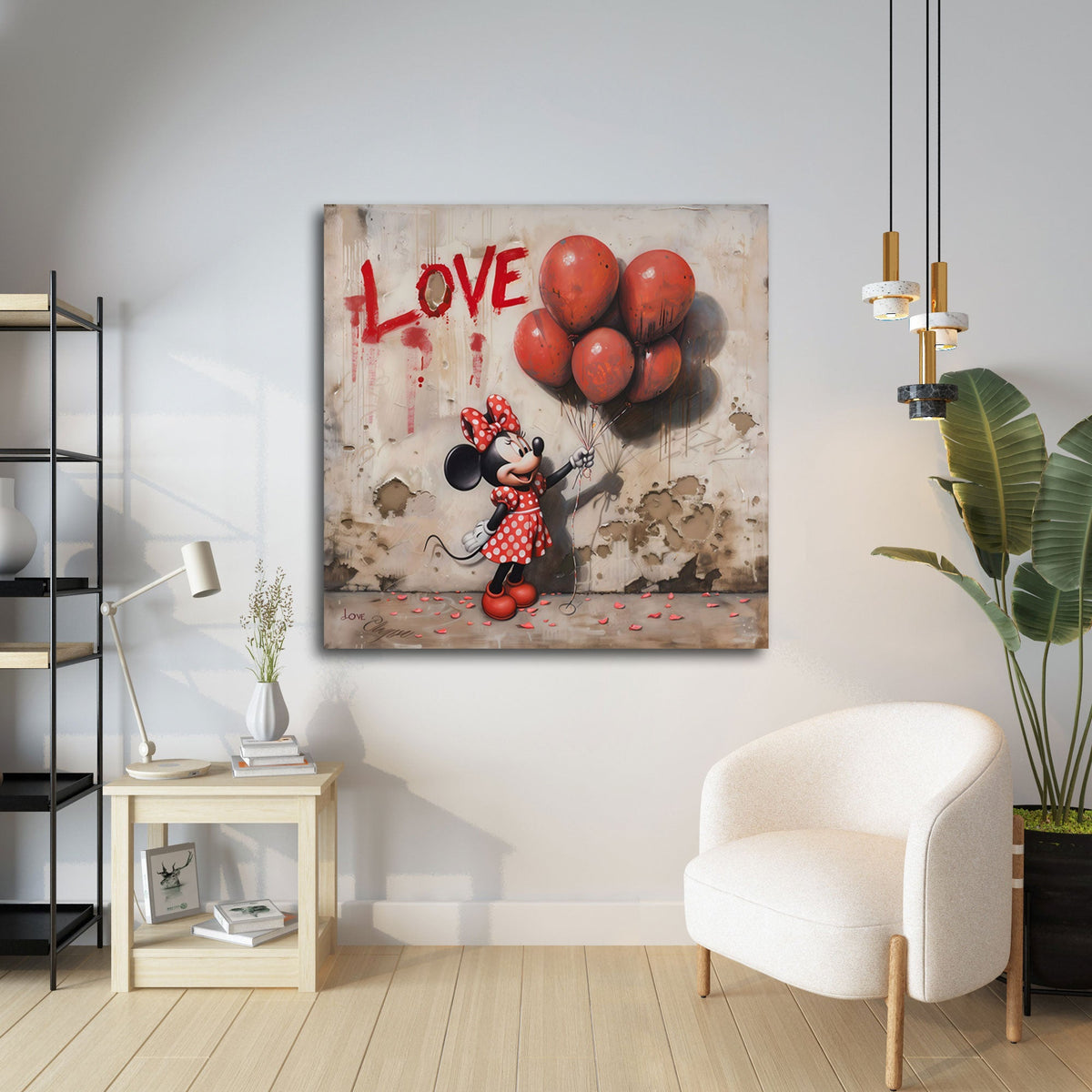 Minnie mit roten Luftballons und Love Schriftzug Wandbild