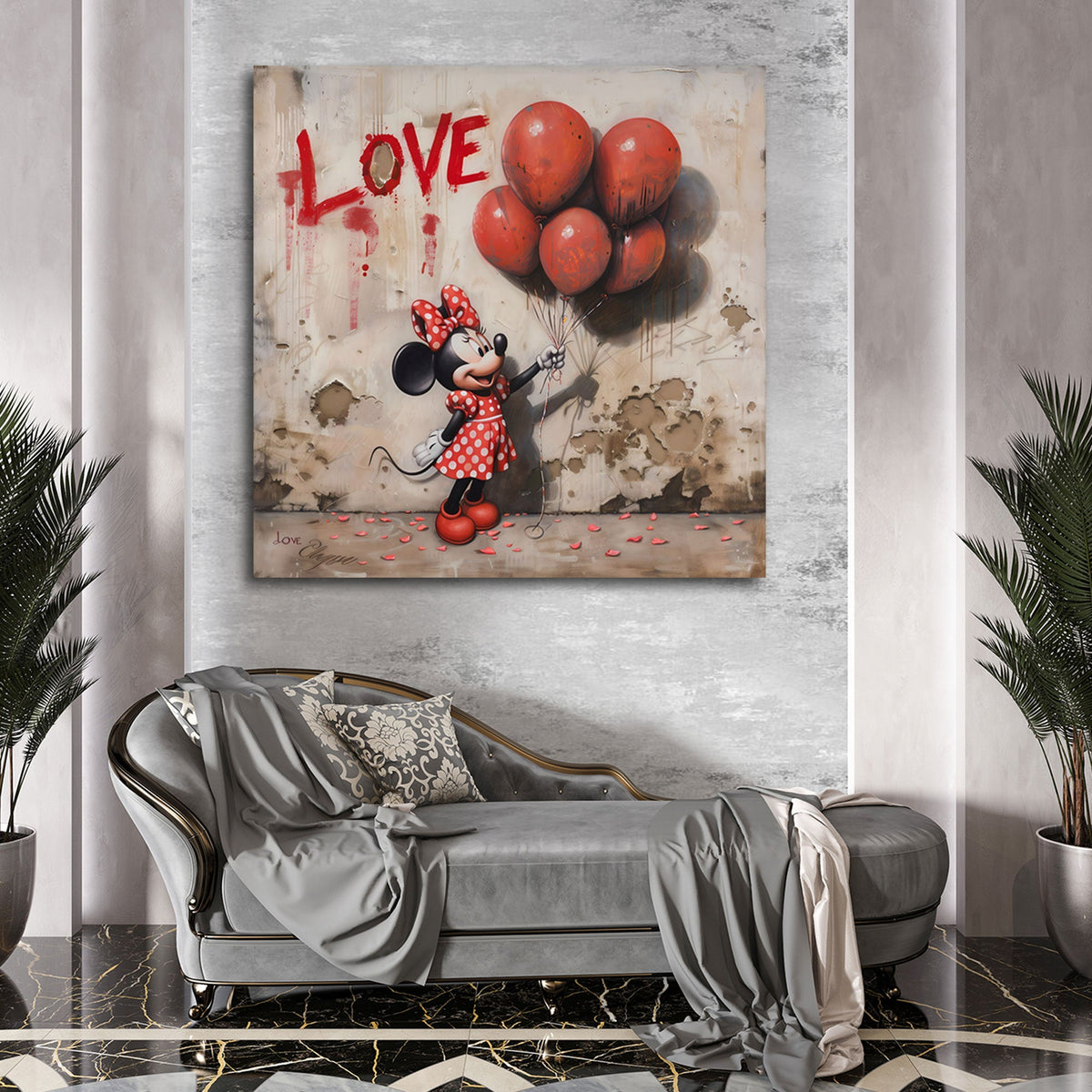 Minnie mit roten Luftballons und Love Schriftzug Wandbild