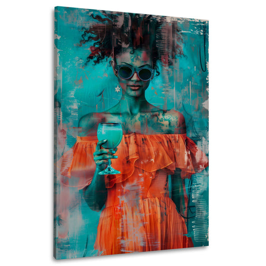 Moderne Frau mit Sonnenbrille und Cocktailglas Wandbild
