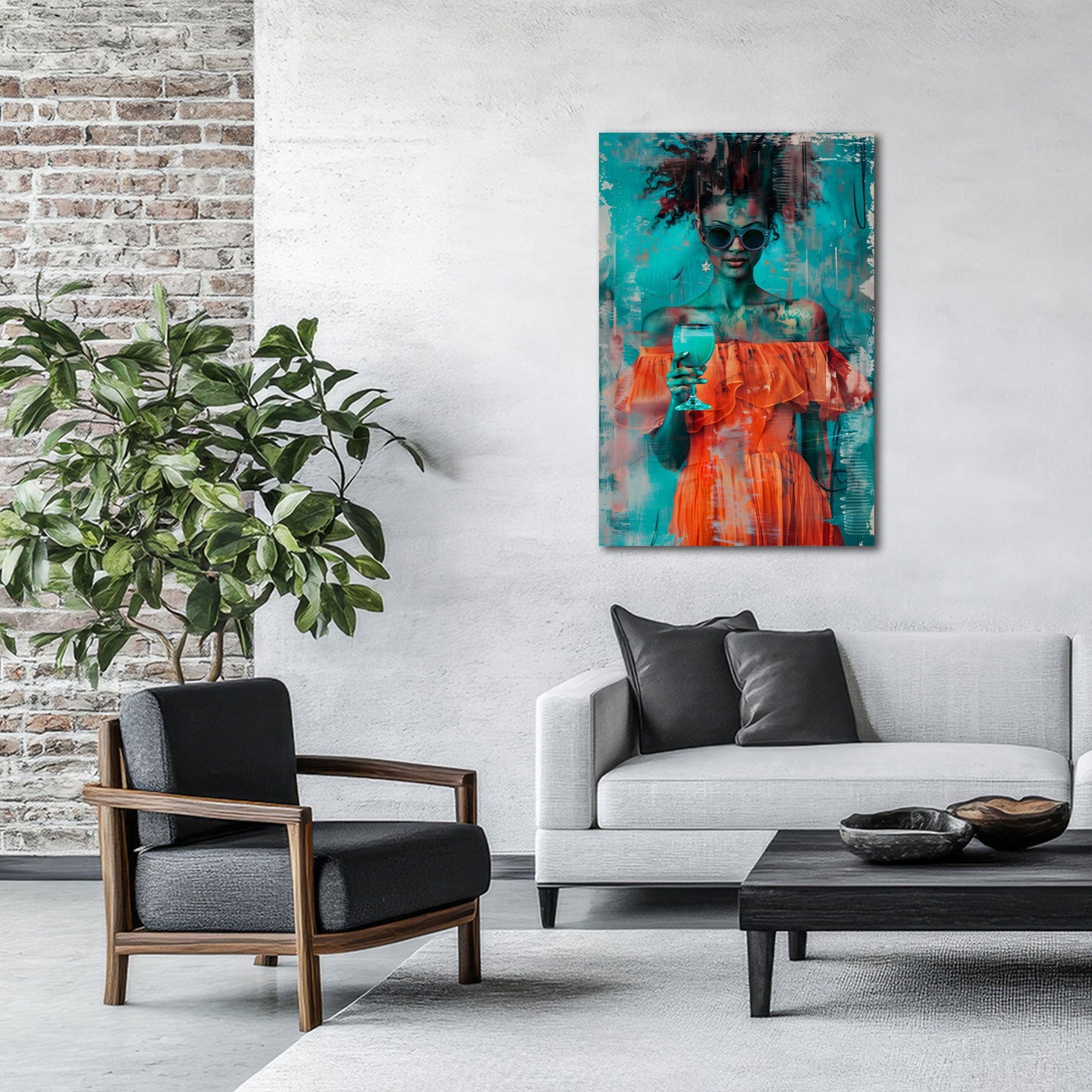 Moderne Frau mit Sonnenbrille und Cocktailglas Wandbild
