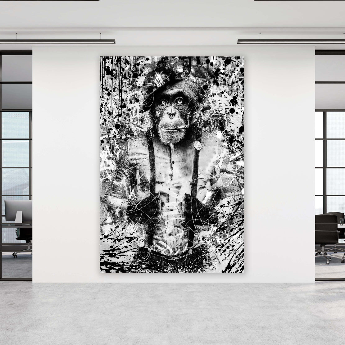 Affe Pop Art schwarz-weiß auf Alu-Dibond