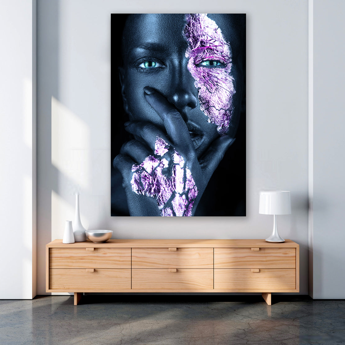 Afrikanische Frau Abstract Blue Style auf Alu-Dibond im Wohnraum