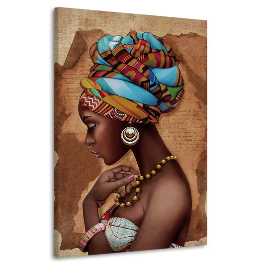 Wandbild afrikanische Frau mit Turban in Gold und Türkis