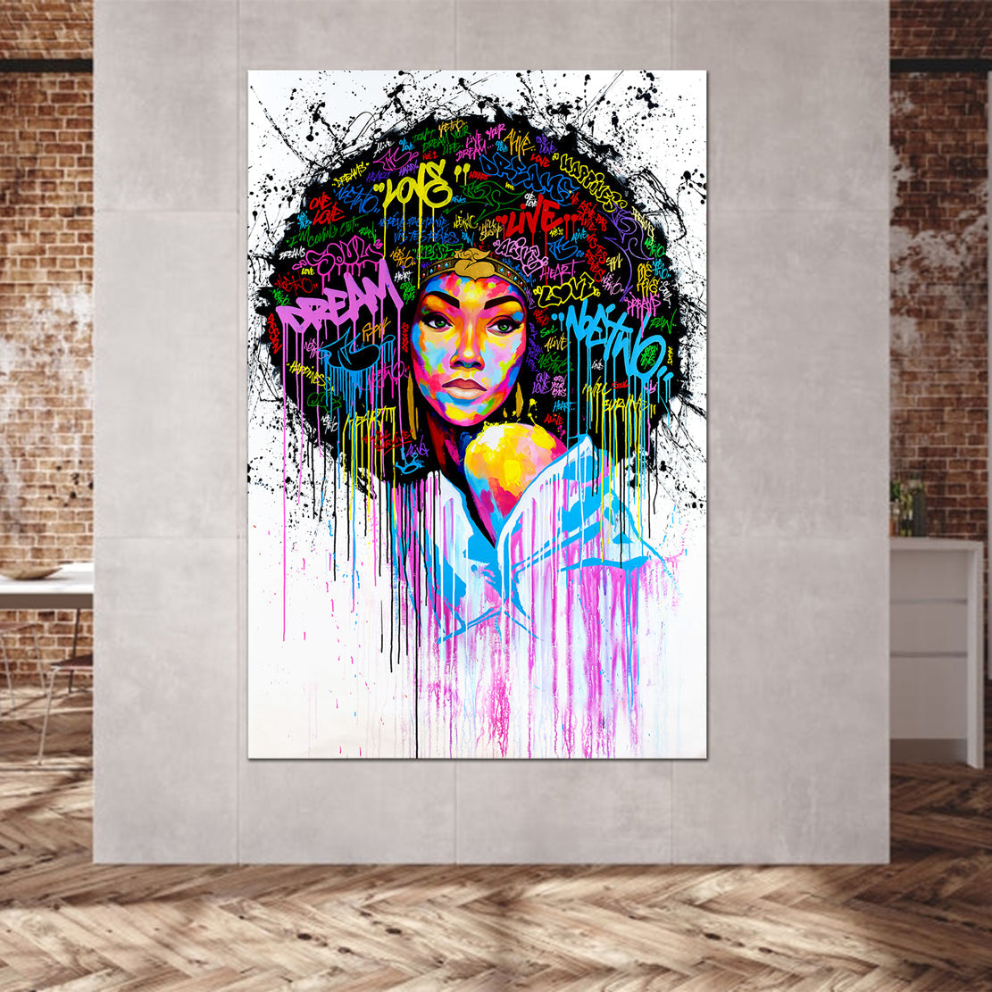 Afrikanische Frau Pop Art Wandbild auf Alu-Dibond im Büro